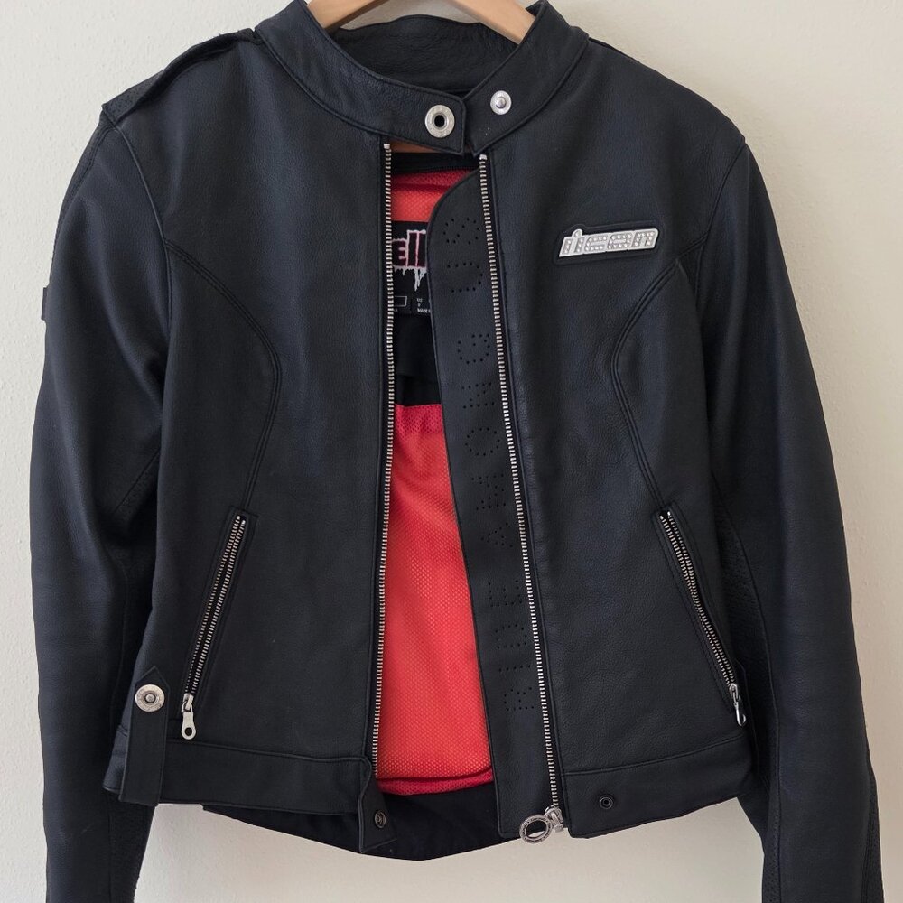 ICON size S, Black Leather motorcycle Jacket with Silver Accents